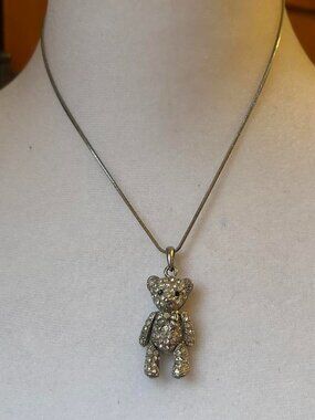 Silver Toned Jointed Rhinestone Teddy Bear Pendant Necklace